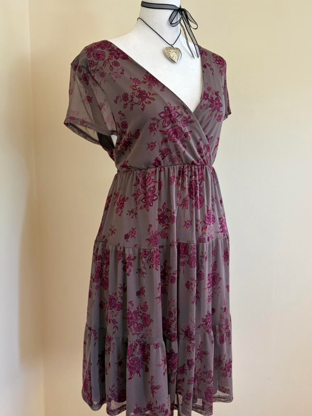 Y2K babydoll fairy floral dress purple taupe micro mesh lolita Jfashion summer M